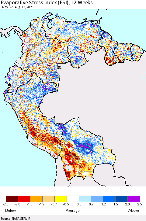 Northern South America Evaporative Stress Index (ESI), 12-Weeks Thematic Map For 8/7/2023 - 8/13/2023
