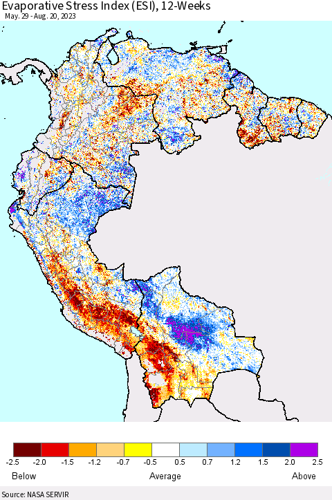 Northern South America Evaporative Stress Index (ESI), 12-Weeks Thematic Map For 8/14/2023 - 8/20/2023