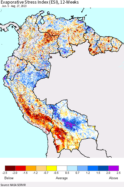 Northern South America Evaporative Stress Index (ESI), 12-Weeks Thematic Map For 8/21/2023 - 8/27/2023