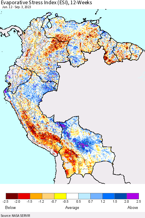 Northern South America Evaporative Stress Index (ESI), 12-Weeks Thematic Map For 8/28/2023 - 9/3/2023