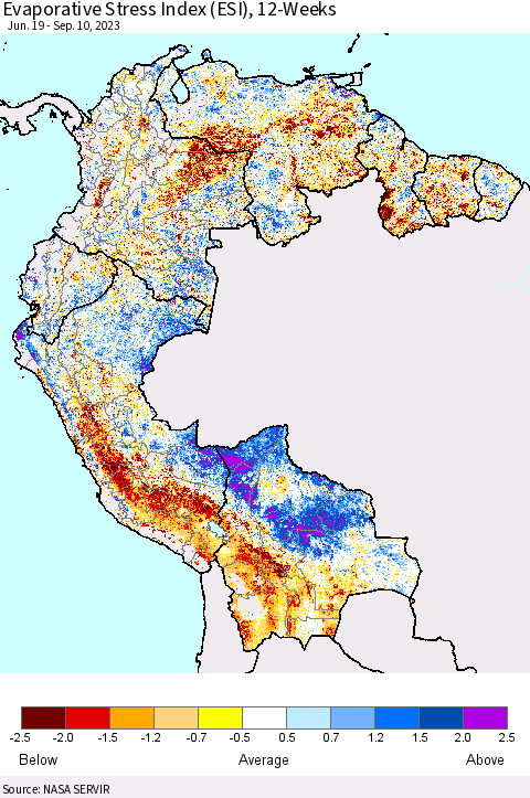 Northern South America Evaporative Stress Index (ESI), 12-Weeks Thematic Map For 9/4/2023 - 9/10/2023