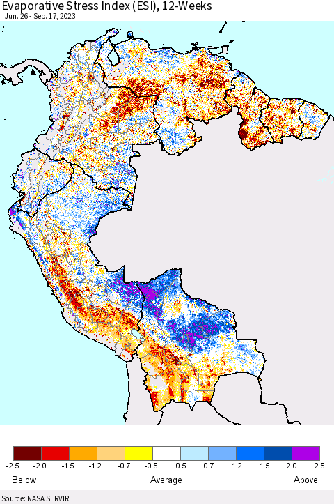 Northern South America Evaporative Stress Index (ESI), 12-Weeks Thematic Map For 9/11/2023 - 9/17/2023