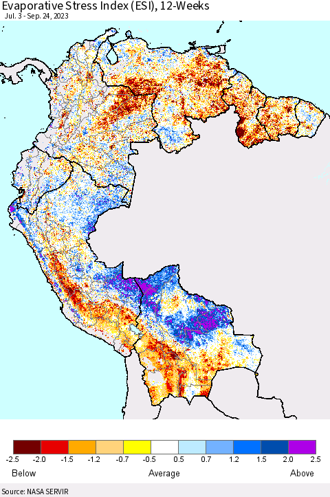 Northern South America Evaporative Stress Index (ESI), 12-Weeks Thematic Map For 9/18/2023 - 9/24/2023