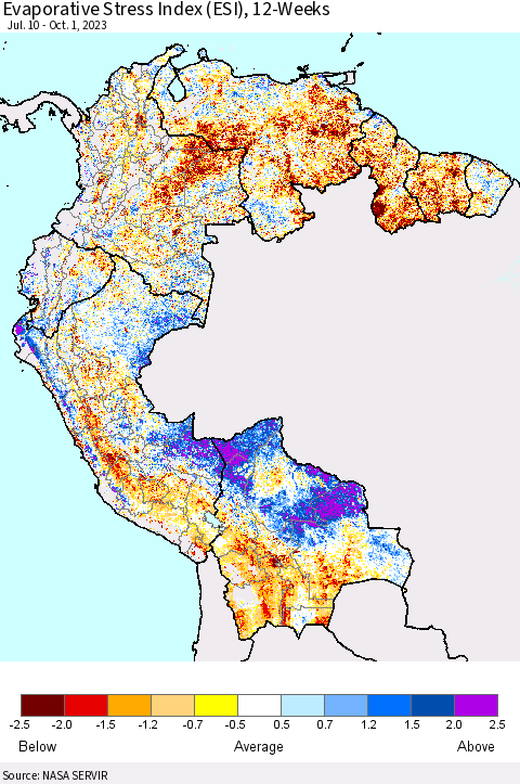 Northern South America Evaporative Stress Index (ESI), 12-Weeks Thematic Map For 9/25/2023 - 10/1/2023