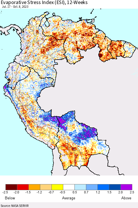 Northern South America Evaporative Stress Index (ESI), 12-Weeks Thematic Map For 10/2/2023 - 10/8/2023