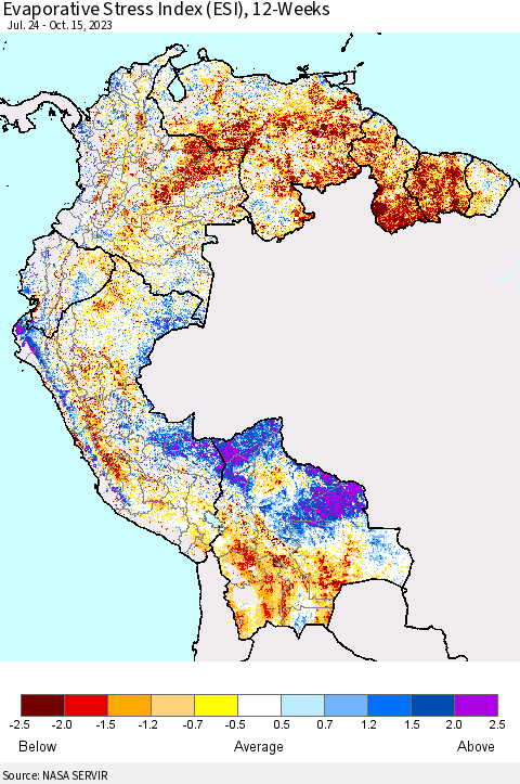 Northern South America Evaporative Stress Index (ESI), 12-Weeks Thematic Map For 10/9/2023 - 10/15/2023