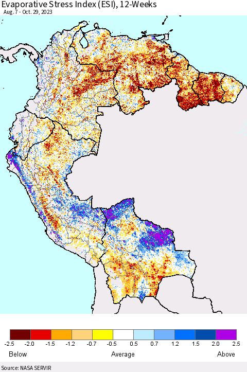 Northern South America Evaporative Stress Index (ESI), 12-Weeks Thematic Map For 10/23/2023 - 10/29/2023
