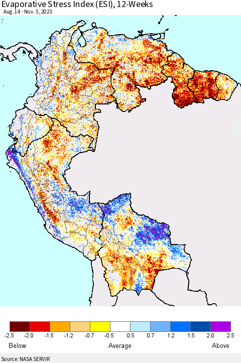 Northern South America Evaporative Stress Index (ESI), 12-Weeks Thematic Map For 10/30/2023 - 11/5/2023