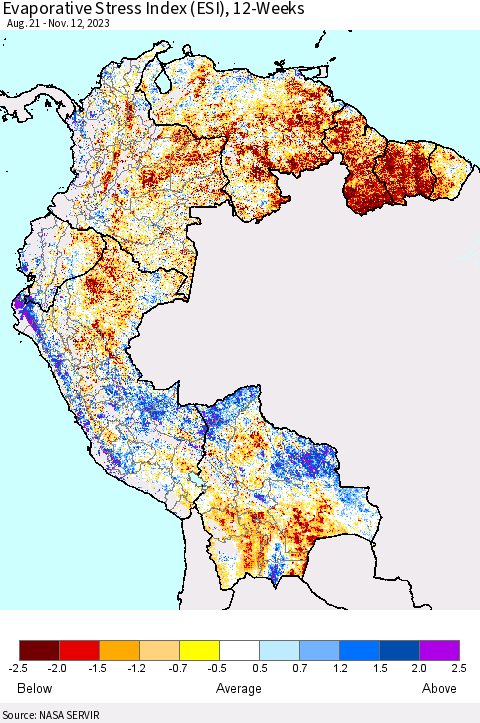 Northern South America Evaporative Stress Index (ESI), 12-Weeks Thematic Map For 11/6/2023 - 11/12/2023