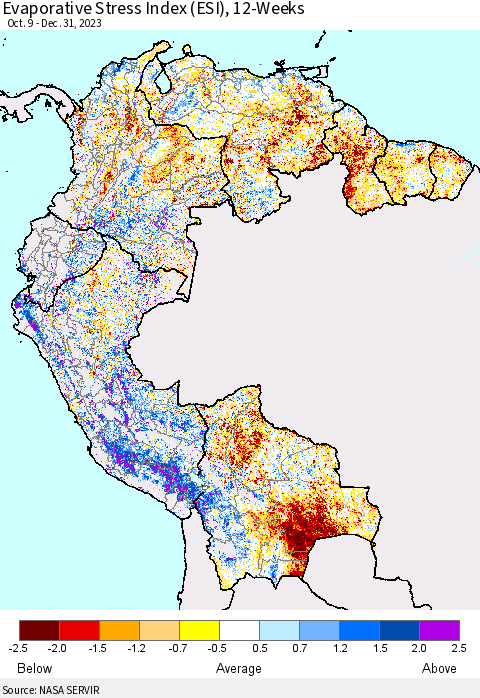 Northern South America Evaporative Stress Index (ESI), 12-Weeks Thematic Map For 1/1/2024 - 1/7/2024
