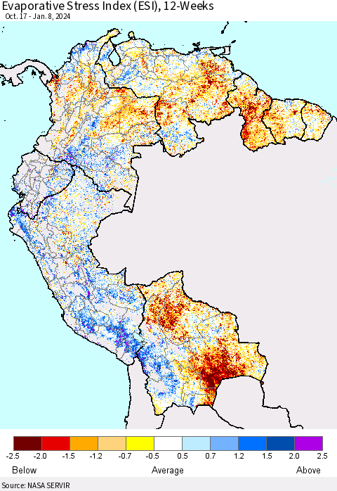 Northern South America Evaporative Stress Index (ESI), 12-Weeks Thematic Map For 1/8/2024 - 1/14/2024