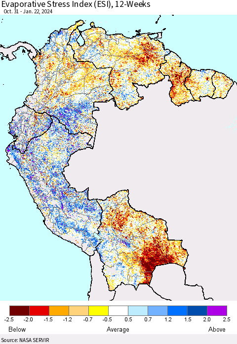 Northern South America Evaporative Stress Index (ESI), 12-Weeks Thematic Map For 1/22/2024 - 1/28/2024