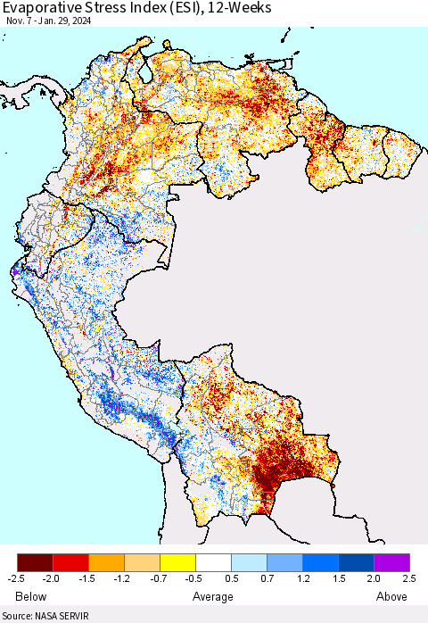 Northern South America Evaporative Stress Index (ESI), 12-Weeks Thematic Map For 1/29/2024 - 2/4/2024