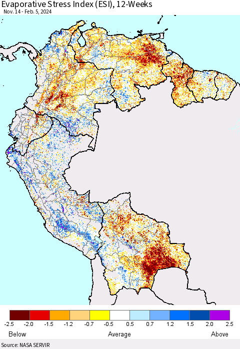 Northern South America Evaporative Stress Index (ESI), 12-Weeks Thematic Map For 2/5/2024 - 2/11/2024
