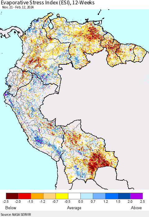 Northern South America Evaporative Stress Index (ESI), 12-Weeks Thematic Map For 2/12/2024 - 2/18/2024