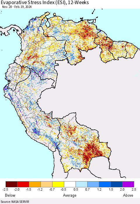 Northern South America Evaporative Stress Index (ESI), 12-Weeks Thematic Map For 2/19/2024 - 2/25/2024