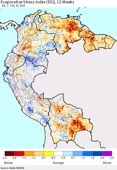 Northern South America Evaporative Stress Index (ESI), 12-Weeks Thematic Map For 2/26/2024 - 3/3/2024