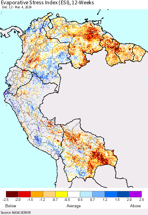 Northern South America Evaporative Stress Index (ESI), 12-Weeks Thematic Map For 3/4/2024 - 3/10/2024