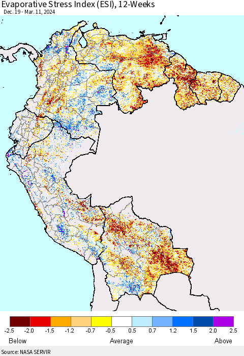 Northern South America Evaporative Stress Index (ESI), 12-Weeks Thematic Map For 3/11/2024 - 3/17/2024