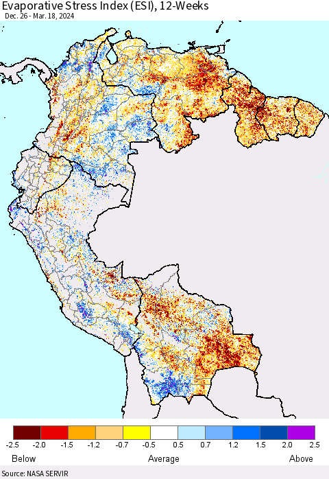 Northern South America Evaporative Stress Index (ESI), 12-Weeks Thematic Map For 3/18/2024 - 3/24/2024