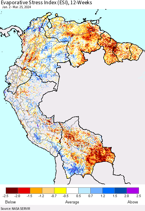 Northern South America Evaporative Stress Index (ESI), 12-Weeks Thematic Map For 3/25/2024 - 3/31/2024