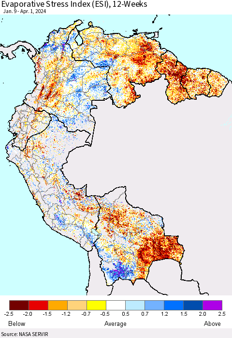 Northern South America Evaporative Stress Index (ESI), 12-Weeks Thematic Map For 4/1/2024 - 4/7/2024