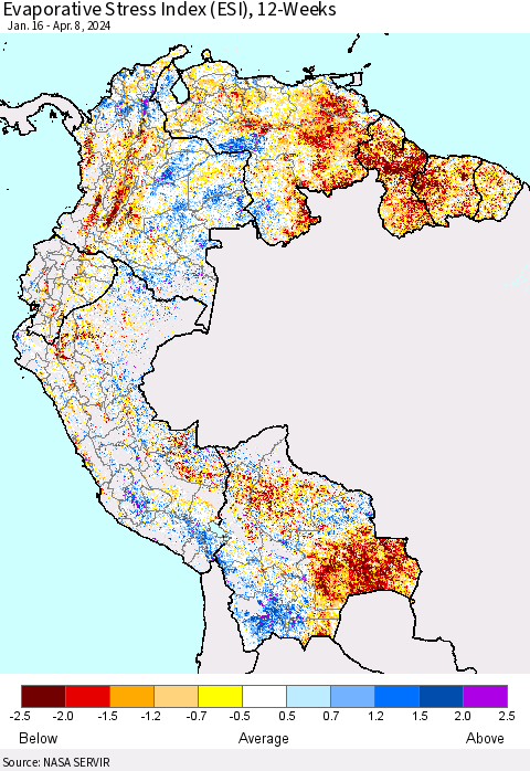 Northern South America Evaporative Stress Index (ESI), 12-Weeks Thematic Map For 4/8/2024 - 4/14/2024