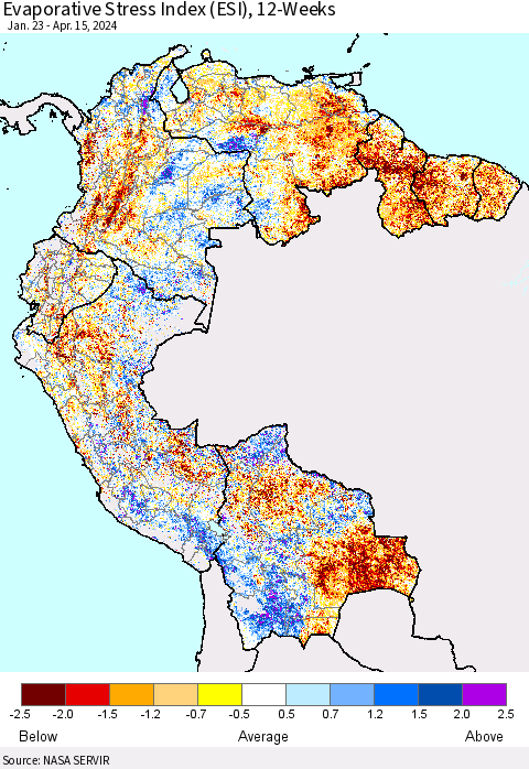 Northern South America Evaporative Stress Index (ESI), 12-Weeks Thematic Map For 4/15/2024 - 4/21/2024