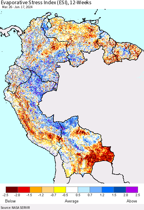 Northern South America Evaporative Stress Index (ESI), 12-Weeks Thematic Map For 6/17/2024 - 6/23/2024