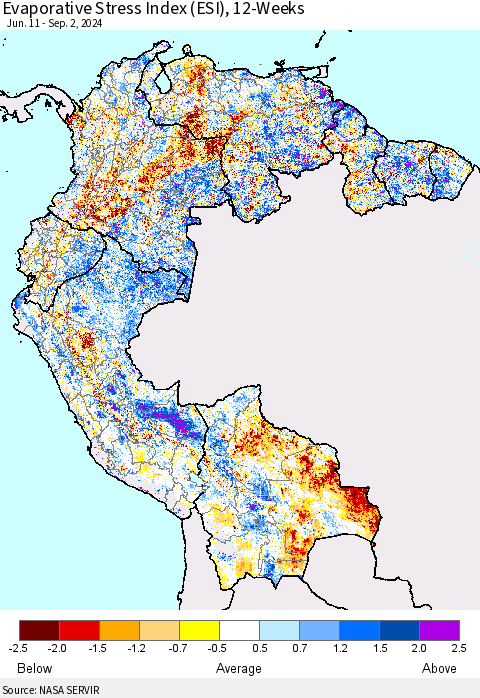 Northern South America Evaporative Stress Index (ESI), 12-Weeks Thematic Map For 9/2/2024 - 9/8/2024
