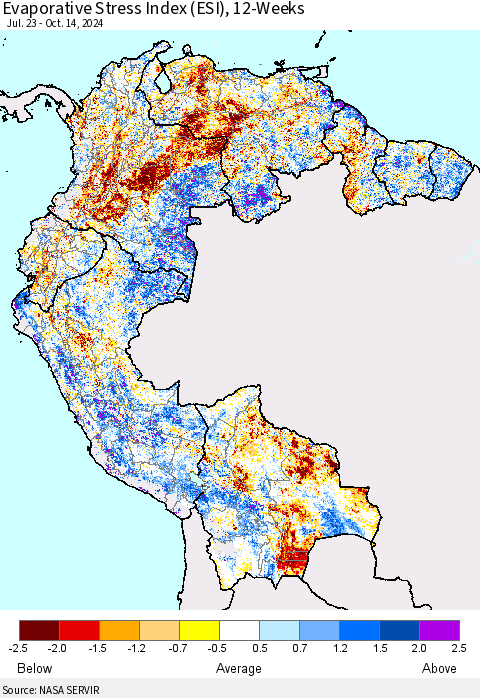 Northern South America Evaporative Stress Index (ESI), 12-Weeks Thematic Map For 10/14/2024 - 10/20/2024