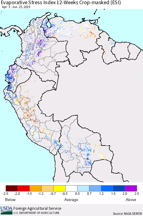 Northern South America Evaporative Stress Index (ESI), 12-Weeks over Croplands Thematic Map For 6/24/2019 - 6/30/2019