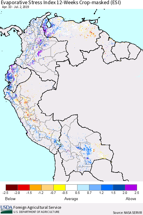 Northern South America Evaporative Stress Index (ESI), 12-Weeks over Croplands Thematic Map For 7/1/2019 - 7/7/2019