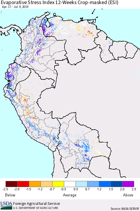 Northern South America Evaporative Stress Index (ESI), 12-Weeks over Croplands Thematic Map For 7/8/2019 - 7/14/2019