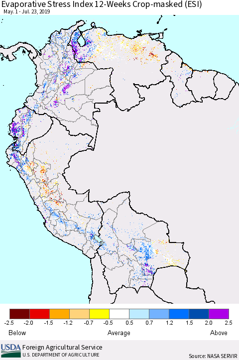 Northern South America Evaporative Stress Index (ESI), 12-Weeks over Croplands Thematic Map For 7/22/2019 - 7/28/2019