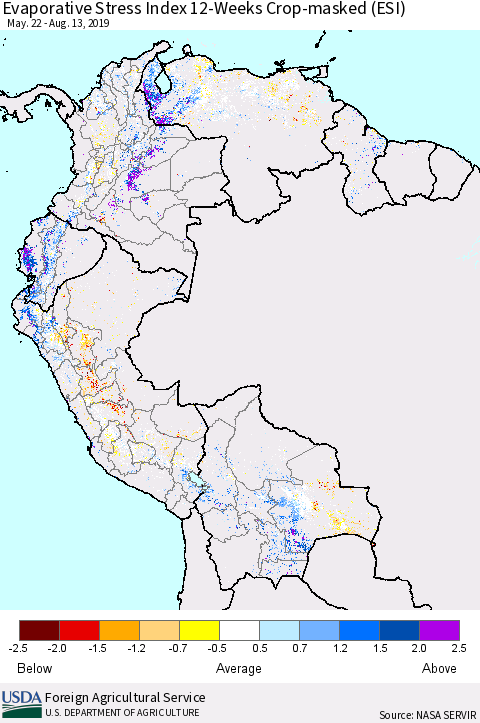 Northern South America Evaporative Stress Index (ESI), 12-Weeks over Croplands Thematic Map For 8/12/2019 - 8/18/2019