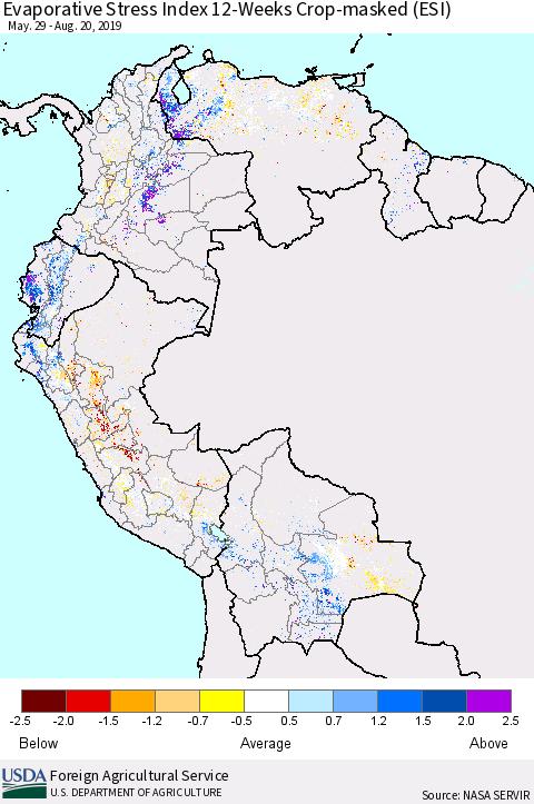 Northern South America Evaporative Stress Index (ESI), 12-Weeks over Croplands Thematic Map For 8/19/2019 - 8/25/2019