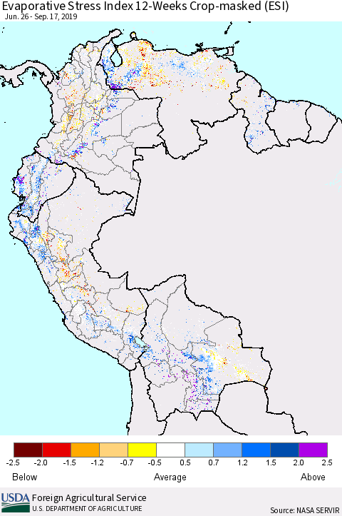 Northern South America Evaporative Stress Index (ESI), 12-Weeks over Croplands Thematic Map For 9/16/2019 - 9/22/2019