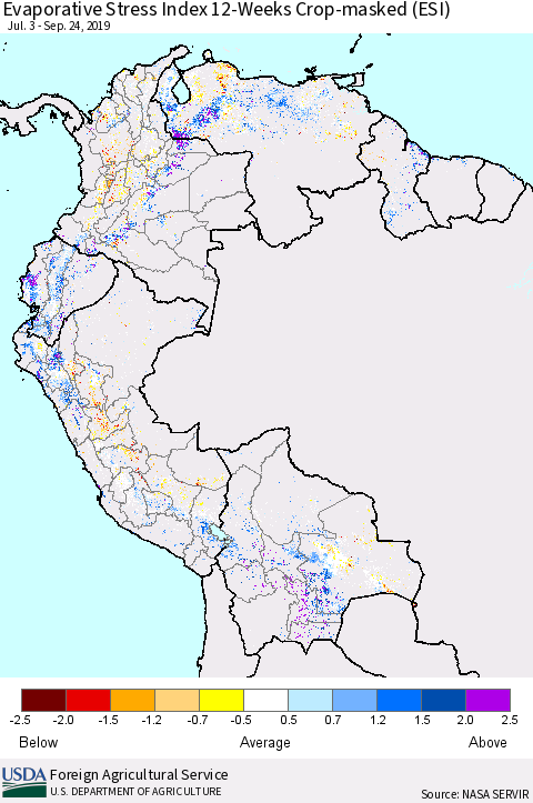 Northern South America Evaporative Stress Index (ESI), 12-Weeks over Croplands Thematic Map For 9/23/2019 - 9/29/2019