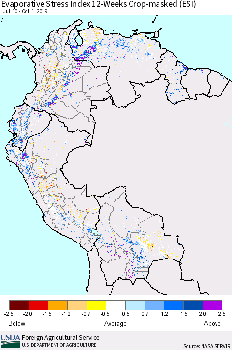 Northern South America Evaporative Stress Index (ESI), 12-Weeks over Croplands Thematic Map For 9/30/2019 - 10/6/2019