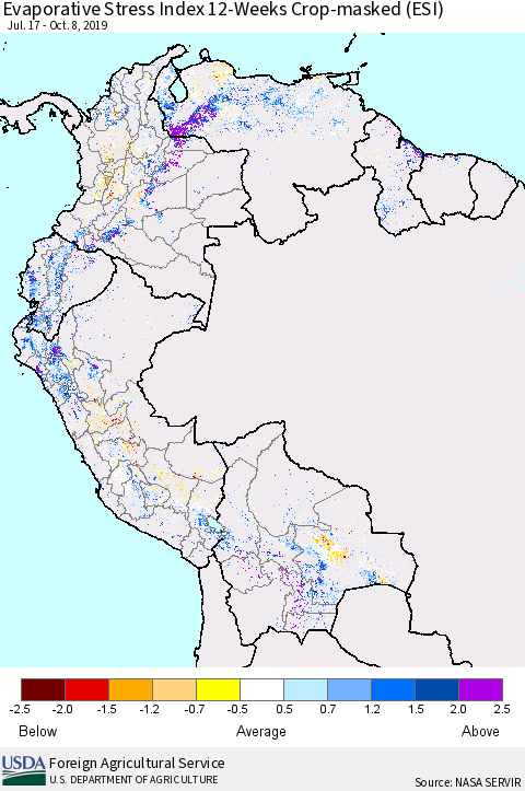 Northern South America Evaporative Stress Index (ESI), 12-Weeks over Croplands Thematic Map For 10/7/2019 - 10/13/2019