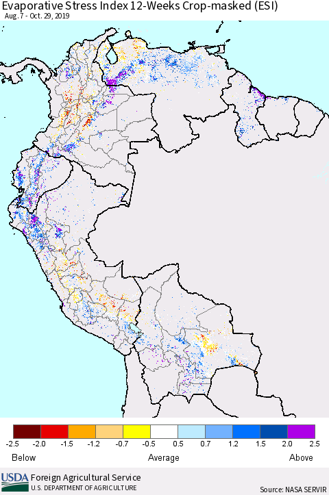 Northern South America Evaporative Stress Index (ESI), 12-Weeks over Croplands Thematic Map For 10/28/2019 - 11/3/2019