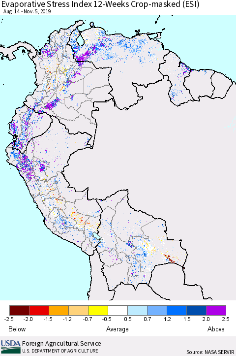 Northern South America Evaporative Stress Index (ESI), 12-Weeks over Croplands Thematic Map For 11/4/2019 - 11/10/2019