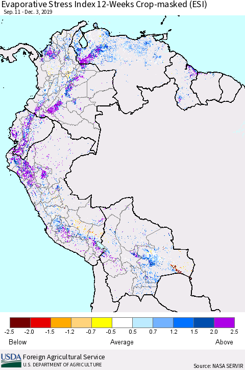 Northern South America Evaporative Stress Index (ESI), 12-Weeks over Croplands Thematic Map For 12/2/2019 - 12/8/2019