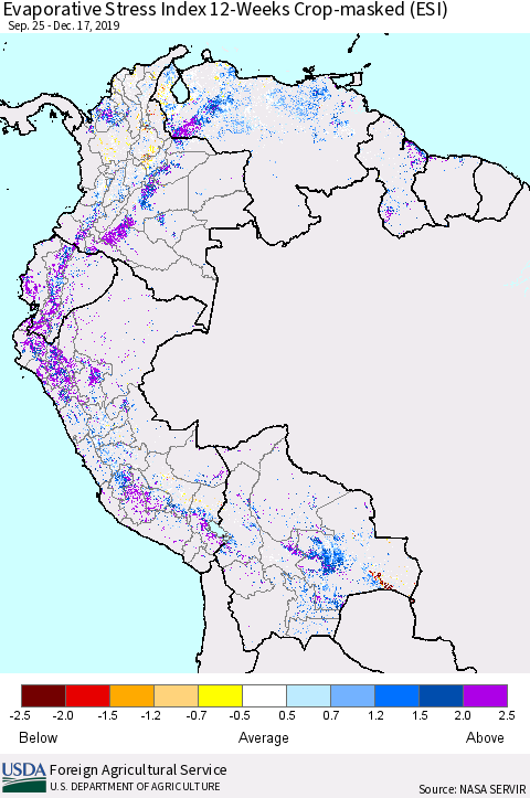Northern South America Evaporative Stress Index (ESI), 12-Weeks over Croplands Thematic Map For 12/16/2019 - 12/22/2019