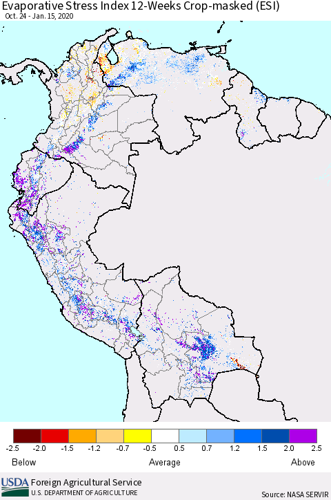 Northern South America Evaporative Stress Index (ESI), 12-Weeks over Croplands Thematic Map For 1/13/2020 - 1/19/2020