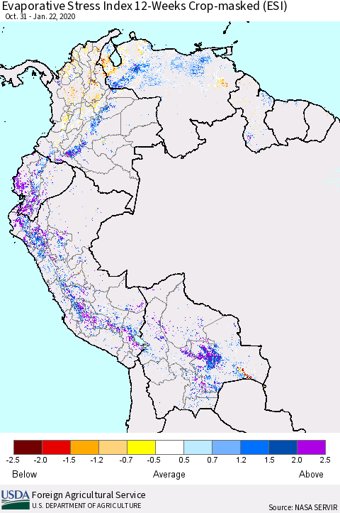 Northern South America Evaporative Stress Index (ESI), 12-Weeks over Croplands Thematic Map For 1/20/2020 - 1/26/2020