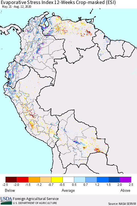 Northern South America Evaporative Stress Index (ESI), 12-Weeks over Croplands Thematic Map For 8/10/2020 - 8/16/2020