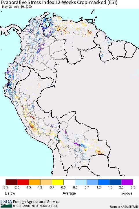 Northern South America Evaporative Stress Index (ESI), 12-Weeks over Croplands Thematic Map For 8/17/2020 - 8/23/2020