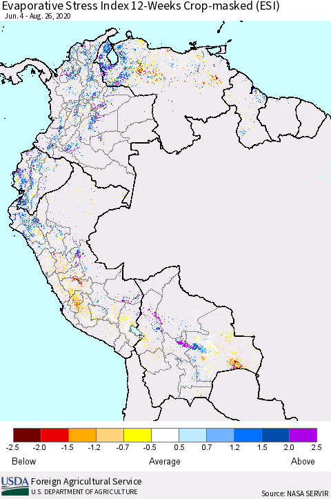 Northern South America Evaporative Stress Index (ESI), 12-Weeks over Croplands Thematic Map For 8/24/2020 - 8/30/2020